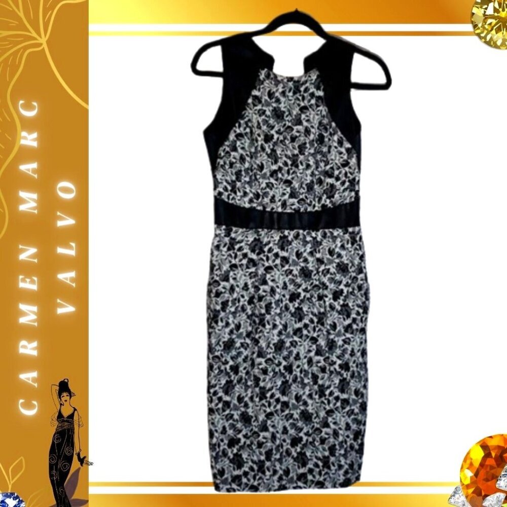 Carmen Marc Valvo Leather Shoulder Floral Knee-Length Dress, Size 4 - Picture 4 of 12